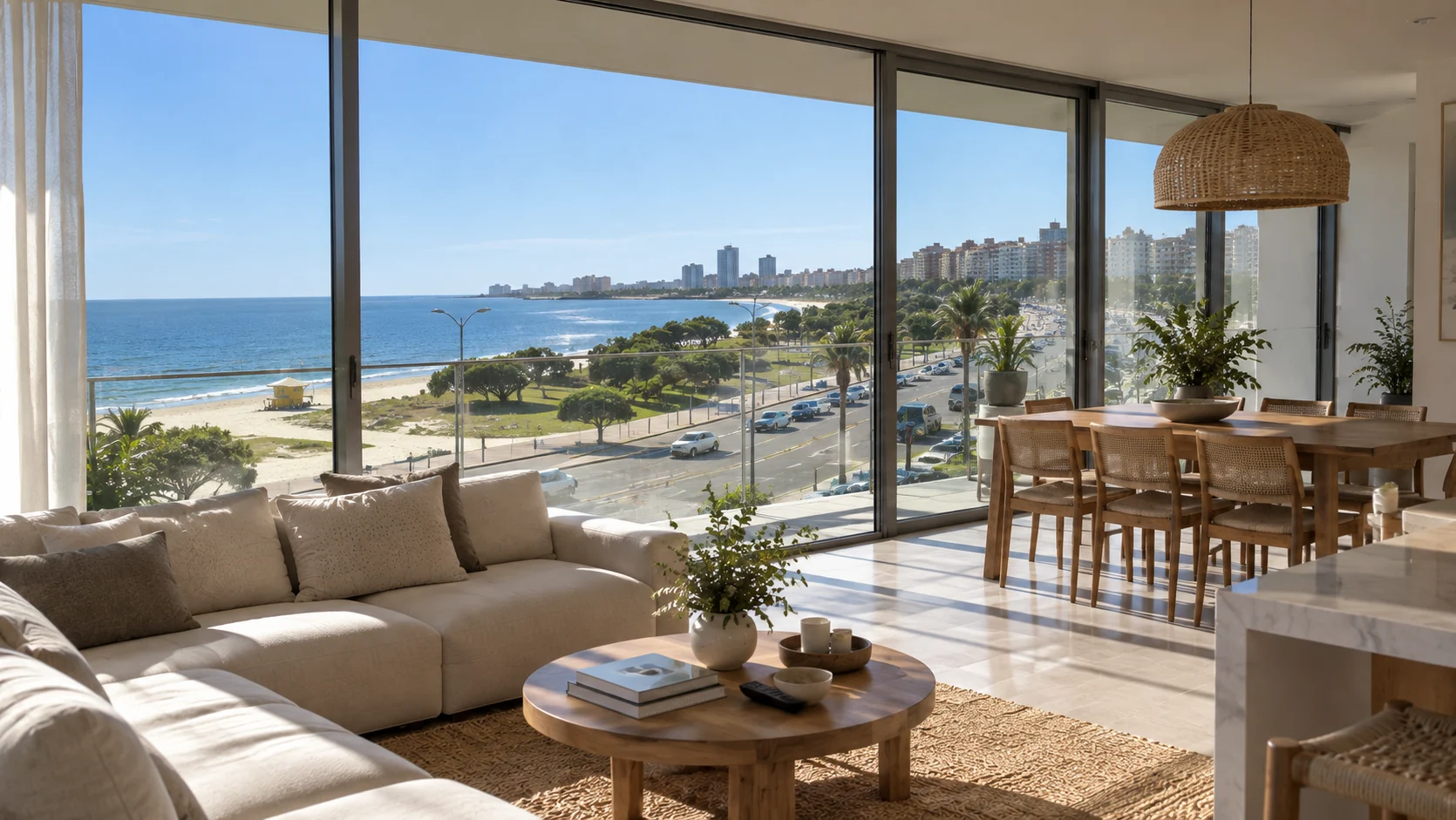 Living y comedor con vista a la playa y el skyline de Punta del Este